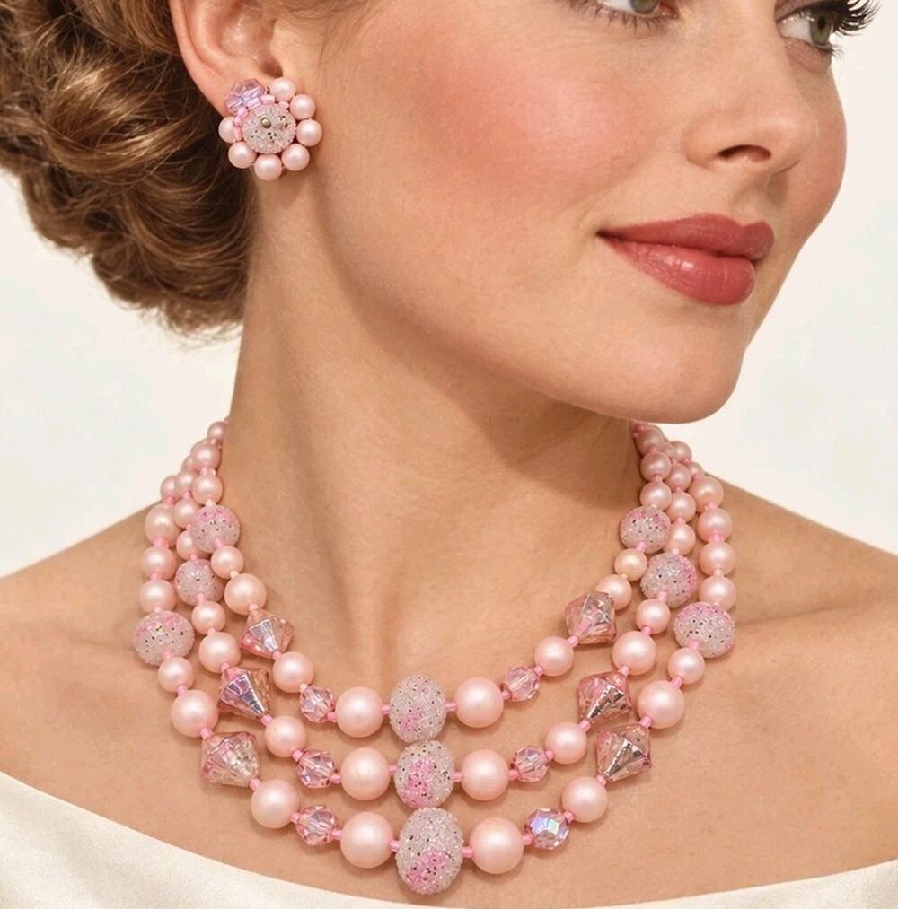 Vintage Japan Pink 3 Strand Sugar Beaded Necklace & Clip On Earrings Set 1950s